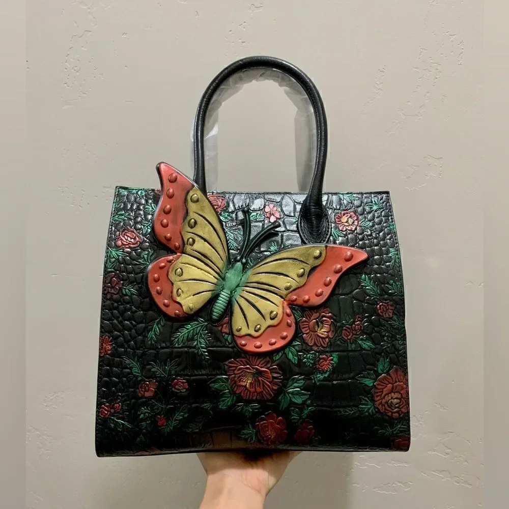 Hand Painted Genuine Leather Floral Embossed with 3D Butterfly Handbag